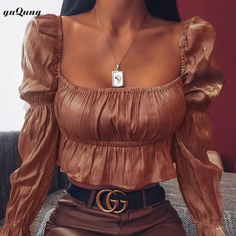 Yuqung женская короткая блузка с длинным Расклешенным рукавом укороченный топ