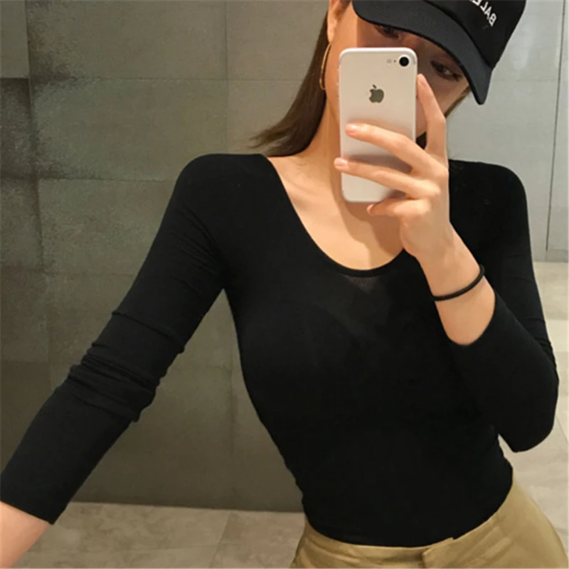Новая весенняя Сексуальная футболка Женская эластичная в Корейском стиле