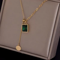 meyrroyu stainless steel green rhinestone pendant necklace for women geometric chain 2021 trend new party gift fashion jewelry