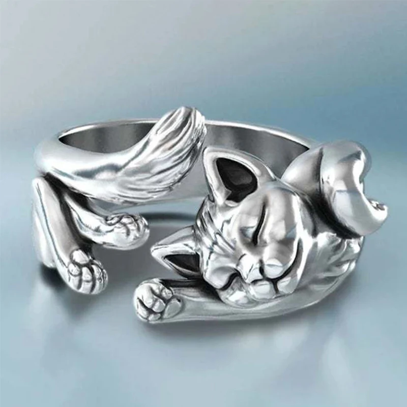 

Fashion Retro Cute Lucky Cat Shape Ladies Open Ring Silver Prom Ring Exquisite Girl Gift New Alloy Adjustable Jewelry Ring