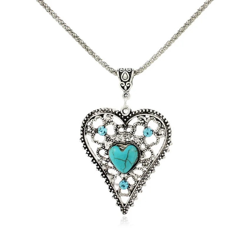 Серебряное покрытие милое сердце зеленая бирюза камень кулон звено цепи