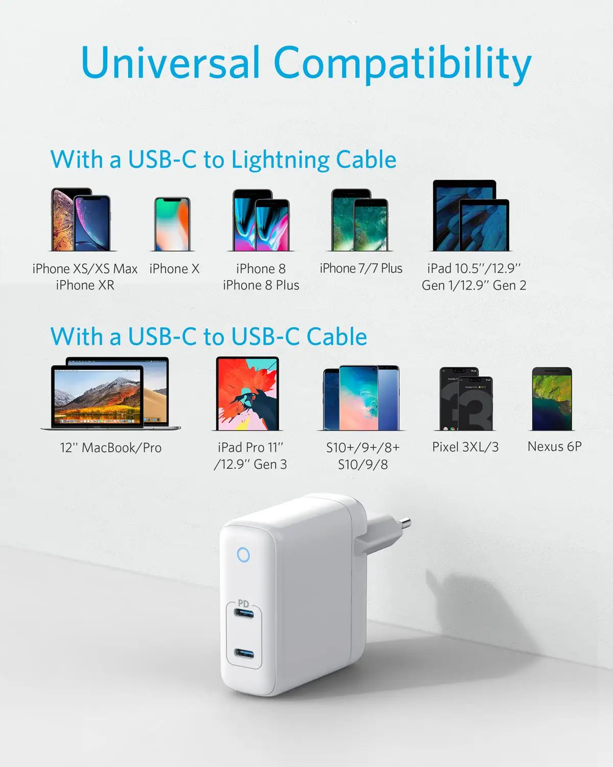 anker 60w 2 port usb c charger powerport atom pd 2 gan tech compact foldable wall charger power delivery for macbook pro free global shipping