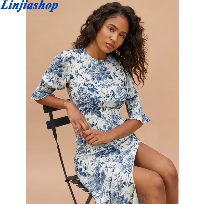 

Платье Linjiashop женское с цветочным принтом, шикарное эластичное длинное приталенное платье с расклешенным рукавом и разрезом, на лето