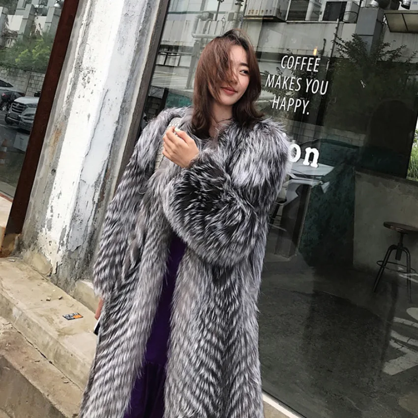 

Женское пальто из искусственного лисьего меха, длинное пальто серебристо-серого цвета в полоску на осень и зиму, Y746