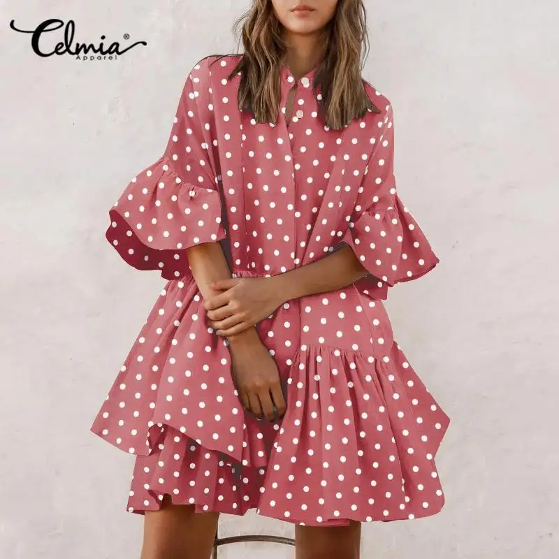 

2021 Celmia Women Polka Dot Sexy Mini Dress Stylish Half Sleeve Irregular Ruffle Dress Summer Fashion Casual O-Neck Pleated Robe