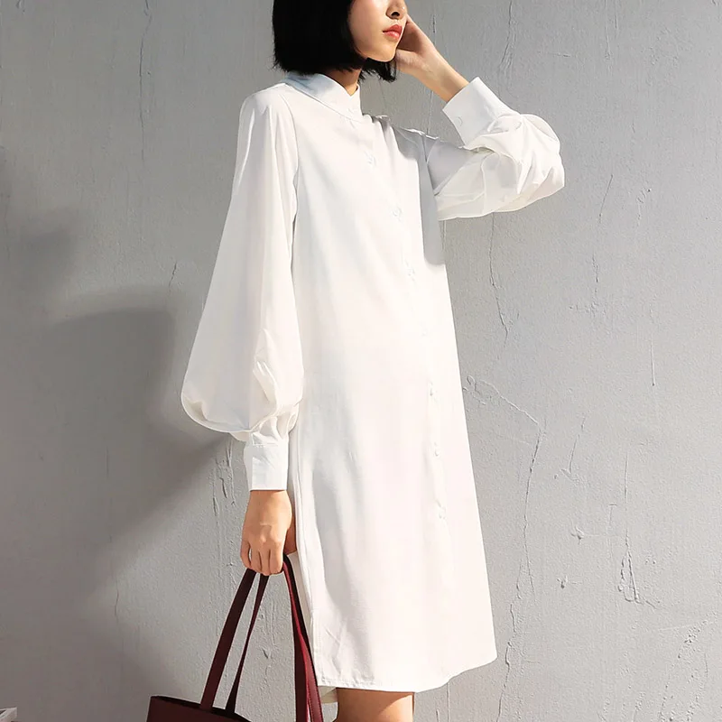 

Long Lantern Sleeve Blouse Women Fashion Designer Stand Collar Long Sleeve White Tops Retro Female Oversize Loose Chiffon Shirt