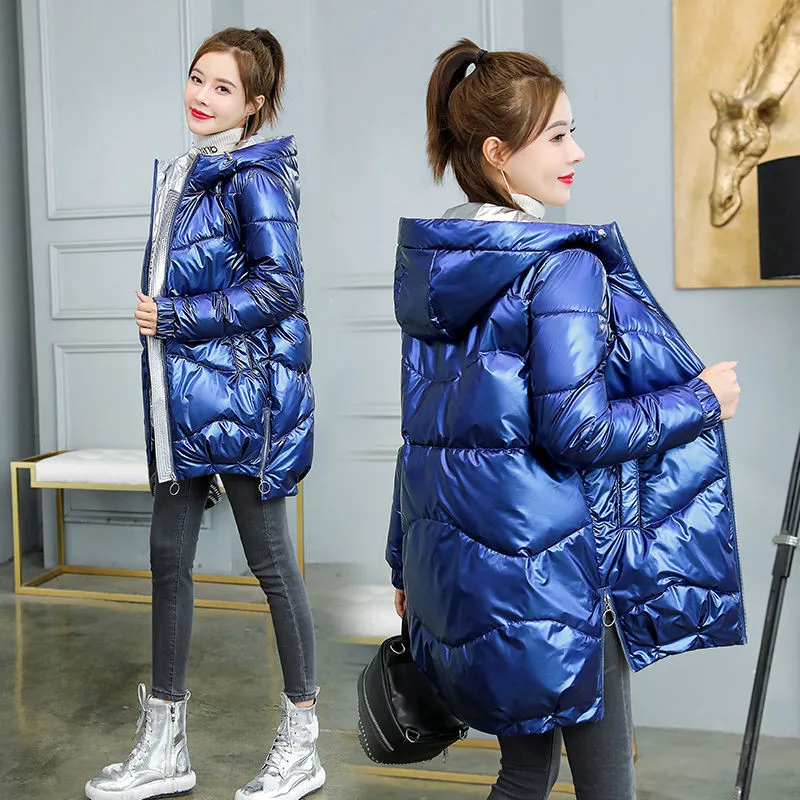 

2021 New Winter Jacket Parkas Women Glossy Down Cotton Jacket Hooded Parka Warm Female Cotton Padded Jacket Casual Outwear