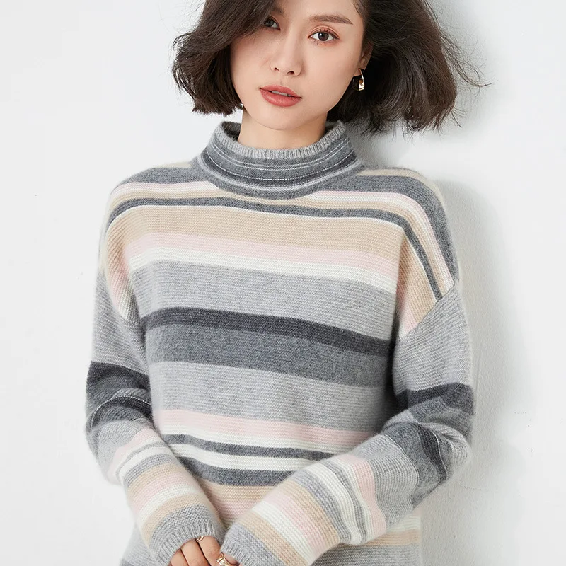 Женский шерстяной свитер в полоску теплый пуловер из натуральной шерсти с