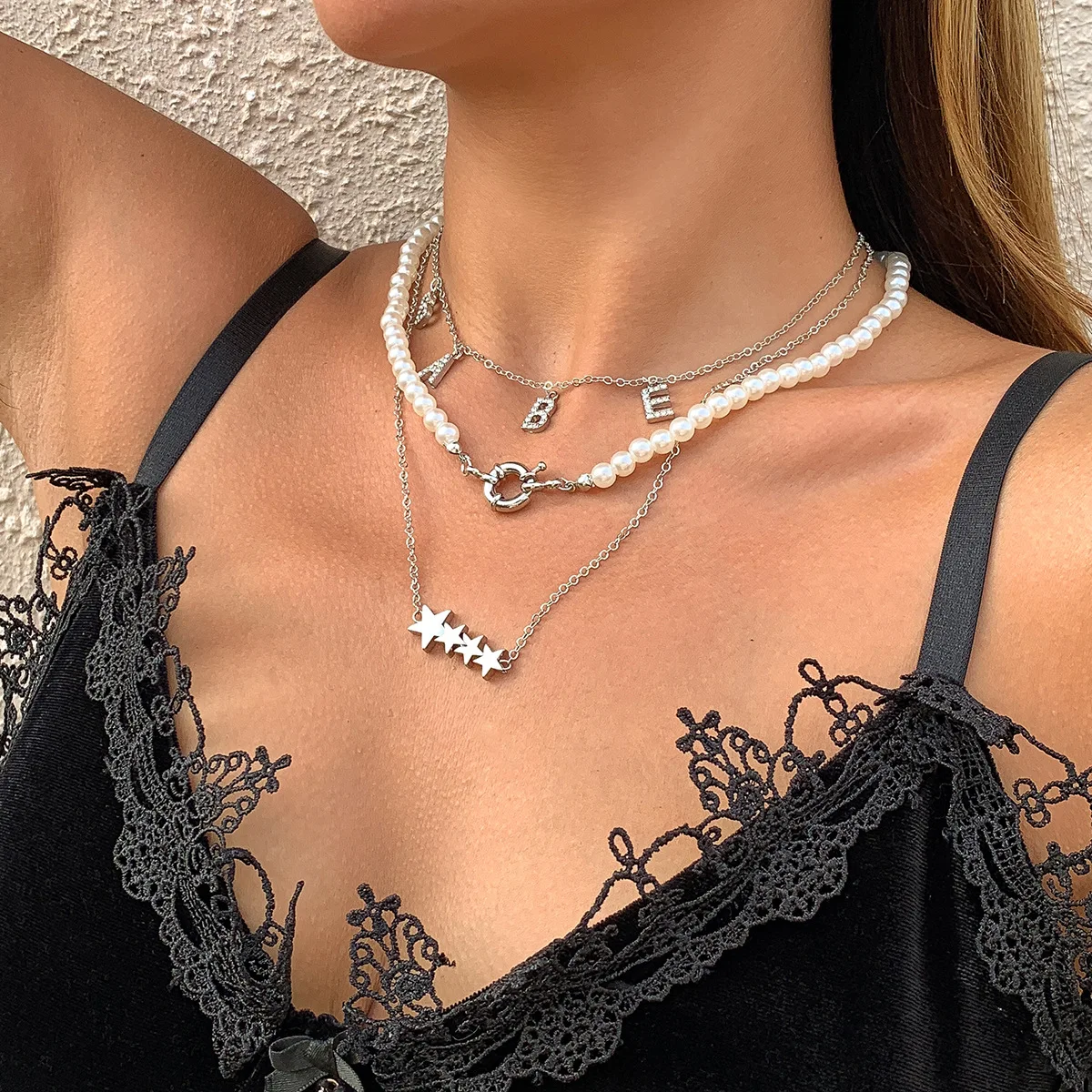 

Trendy Cute BABE Letters with Crystals Pendant Charming Multilayer Pearls Star Necklace for Girls Women Daily Clavicle Necklace