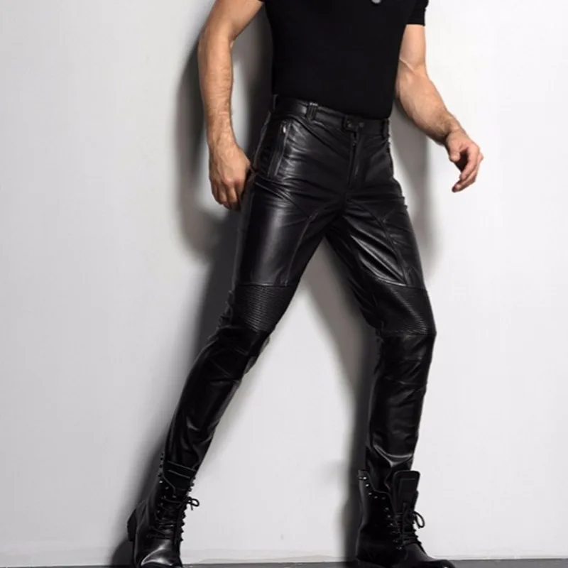 Новые брендовые черные брюки из натуральной кожи мужские модные повседневные