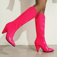 rose red orange yellow black women knee high boots spike high heel slip on ladies boots patent pu leather pointed toe boots