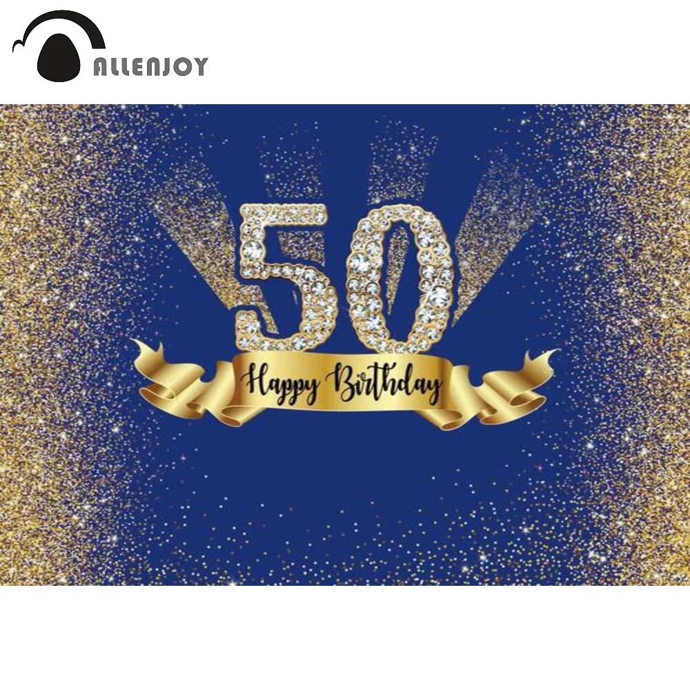 Allenjoy 50th Happy День рождения взрослых фон голубого цвета с золотым блеском