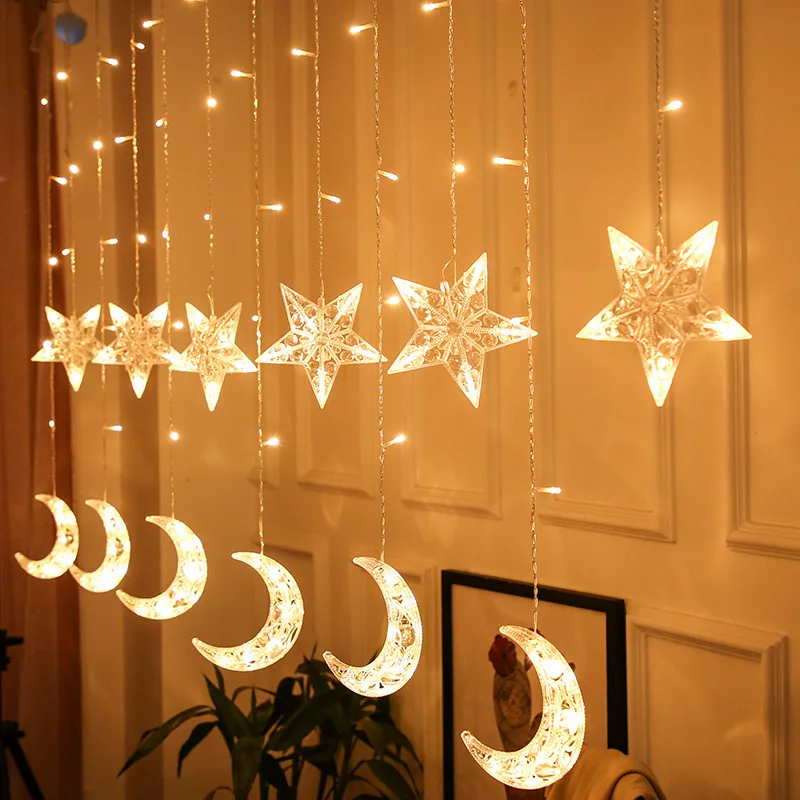 

PheiLa Moon Star Window Curtain String Light 4.5M Battery or Plug Power Control Curtain Fairy Light Christmas Garland Decoration