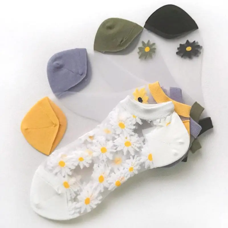 

Women Summer Socks Transparent Little Daisy Embroidery Fashion Short Cute Socks Flowers Ankle Funny Socks Ins Korean Style