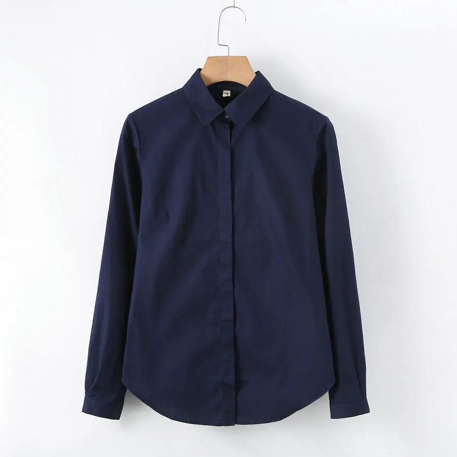 

White Pink Navy Light Blue Cotton Shirt Women Spring Autumn Casual Basic Plain Top Turn Down Collar Long Sleeve Clothes XL L M S
