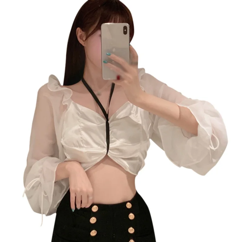 

Spring Women's Solid Square Collar Puff Sleeve Sweet Sexy Exposed Navel Long Sleeve Shirts Blouses