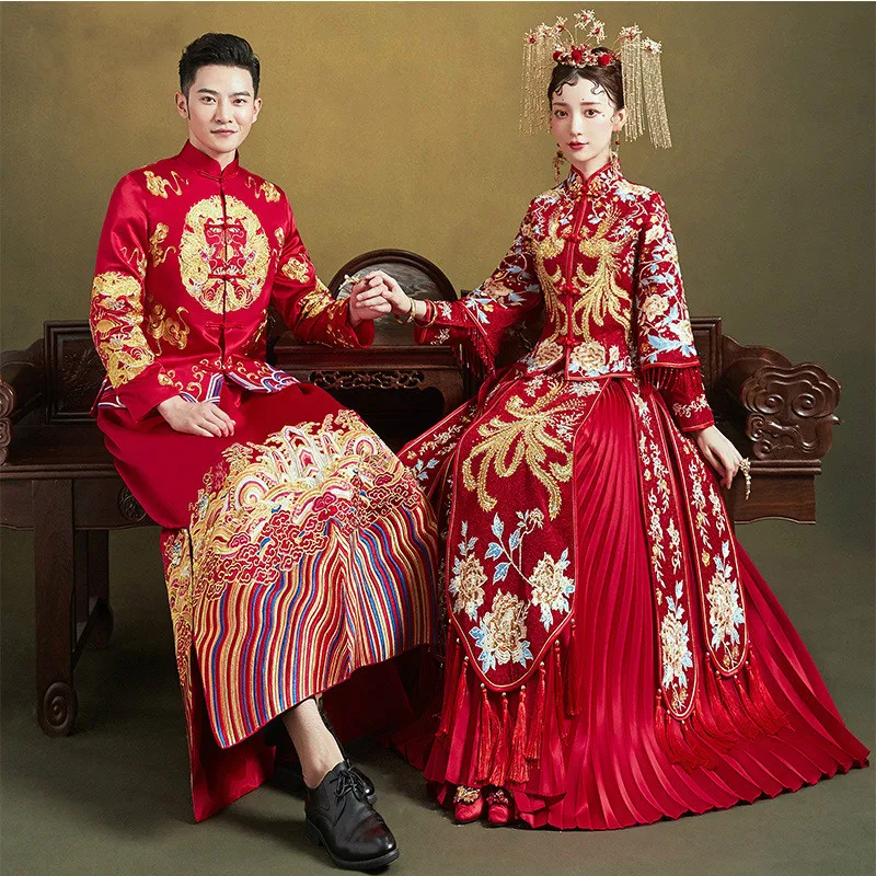 

Big Size Lovers Wedding Clothing Chinese Style Bride Bridegroom Costume Embroidery Cheongsam Exquisite Toast Clothing S-8XL