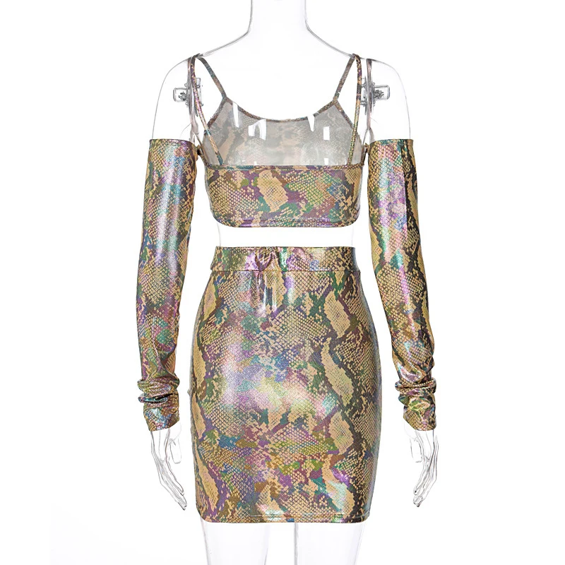 

2021 Women Snakeskin Print Summer Off-the-Shoulder Casual O-Neck Top+Mini Pencil Skirt 2Pcs Outfit Bag Hip Streetwear Clubwear