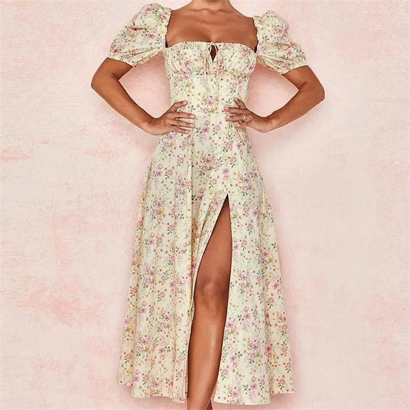 

Summer New Style Fashion Puff Sleeve Floral Print Tube Top with High Waist Slit Fashion Sexy Casual Party All-match Dress FZ105