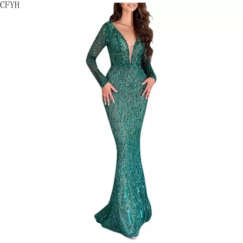 

Длинное платье с блестками, с длинным рукавом и глубоким V-образным вырезом, весна-осень, обтягивающее элегантное платье