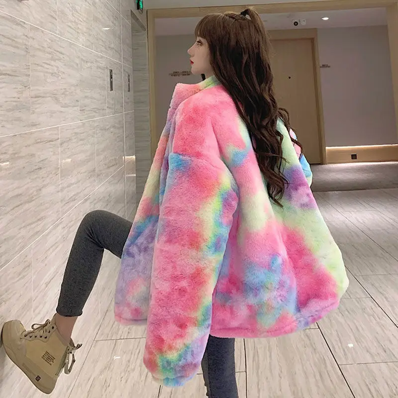 2021 New Winter Women Gradient Color Mid-Length Warm Plush Jacket Korean Style Loose Oversize Zipper Rainbow Warm Coat Plus Size