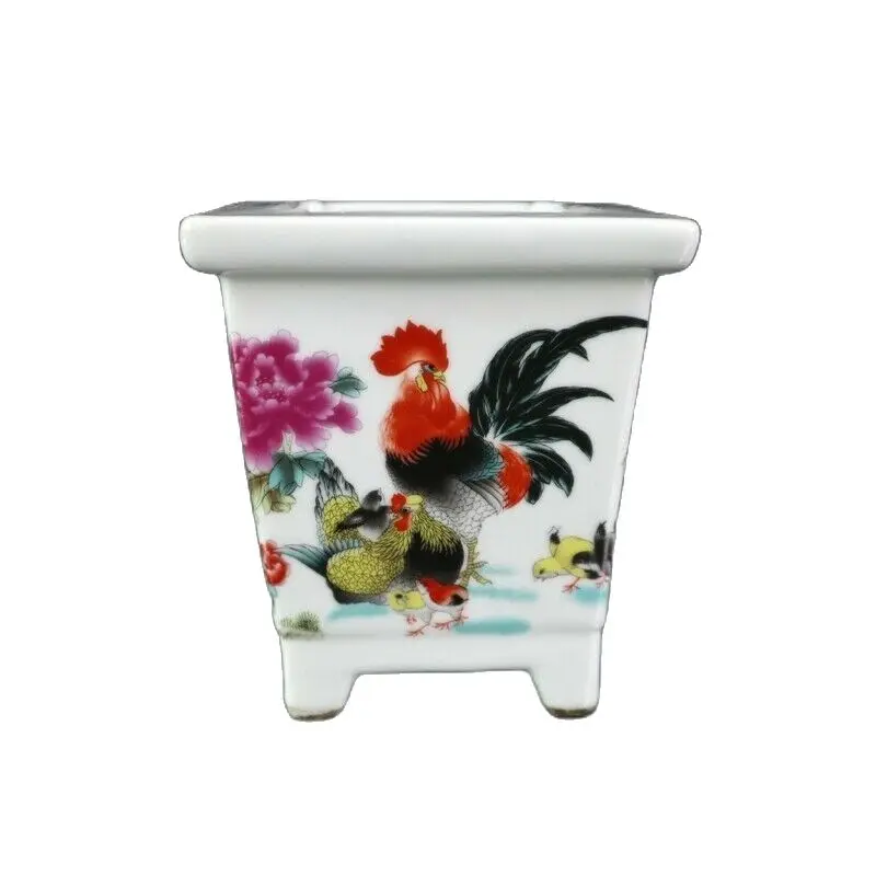 

Chinese Old Porcelain Pastel Fu Chicken Pattern Quadrilateral Flower Pot
