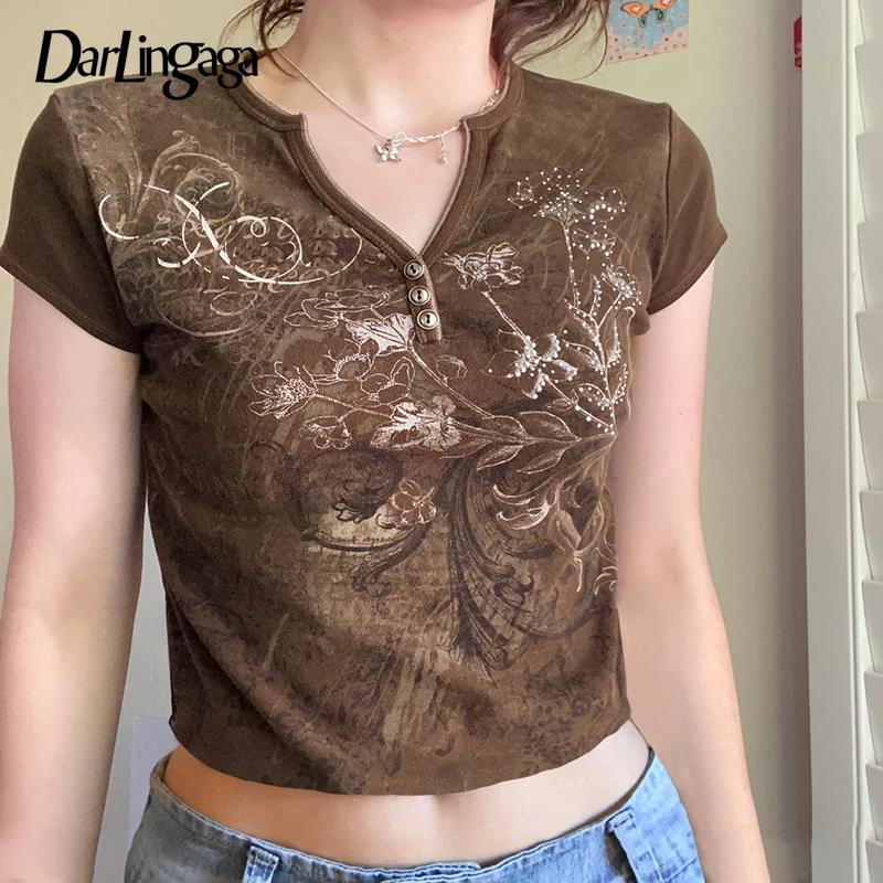 

Darlingaga Vintage Y2K Fairycore Grunge Graphic Print Brown Crop Top Summer T shirt Women Harauku V Neck Tee Cute Aesthetic 90s
