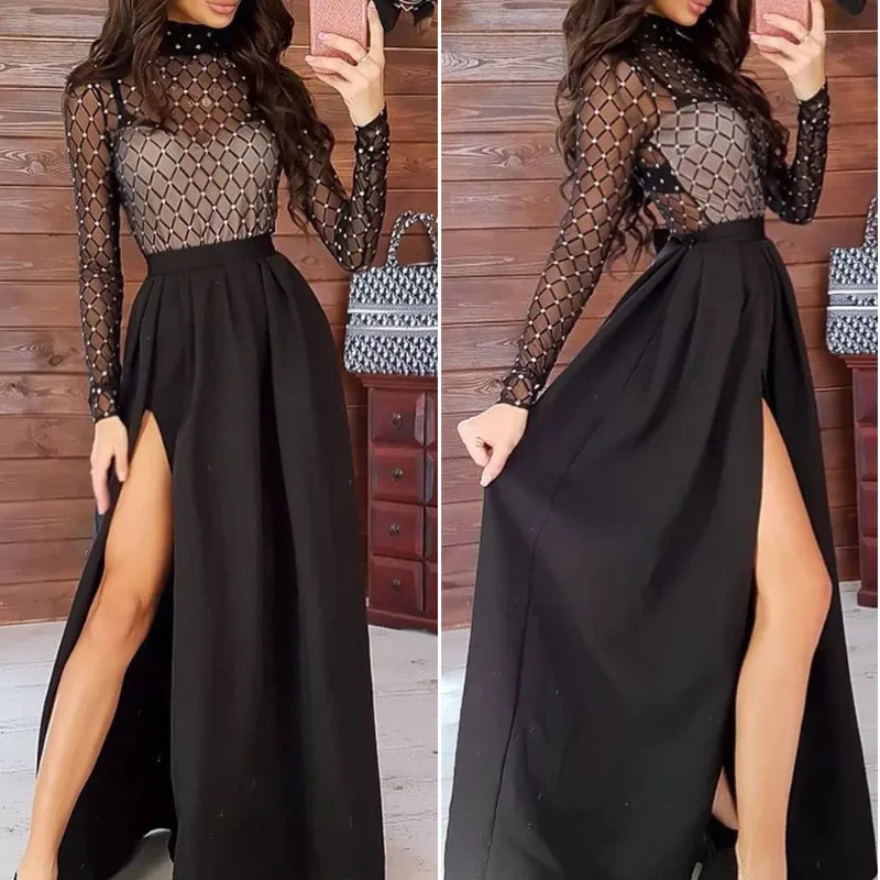 

Women Transparent Bandage Bodycon Long Sleeve See Through Plaid Fashion Slim Evening Party Club Long Dress Hot