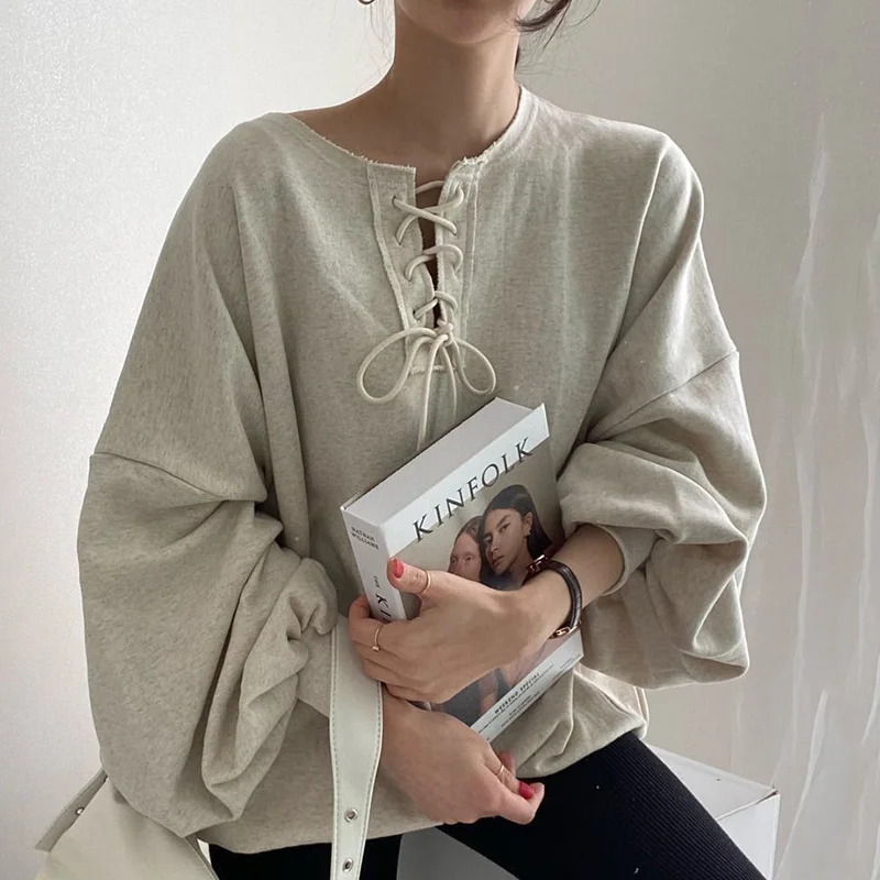 

Oversized Pullovers Korean Chic Lazy Style Round Neck Lace Up Design Sense Pullover Loose Casual Lantern Sleeve Women's Sweater