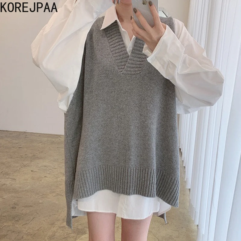 

Korejpaa Irregular V-neck Sweater Vest Women Autumn Warm Casual Sleeveless Knitted Waistcoat Korea New Fashion Tops Elegant