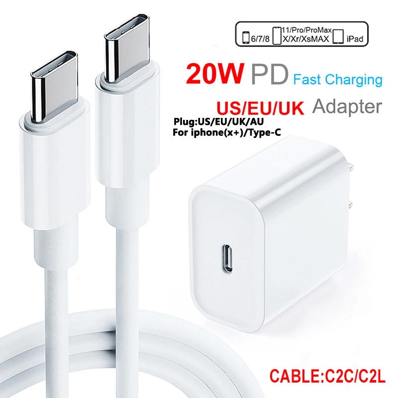 

20W PD Type-C Fast Charger for iPhone 12 13 Power Mobile Phone quick charger US/UK/EU PD Adapter With Cable USB cable C2C/C2L
