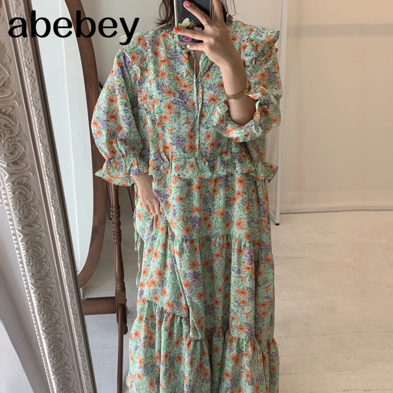 

New Summer Fashion All-match lace up V-neck flared sleeve Dress Ruffle stitching loose print Dress 2021