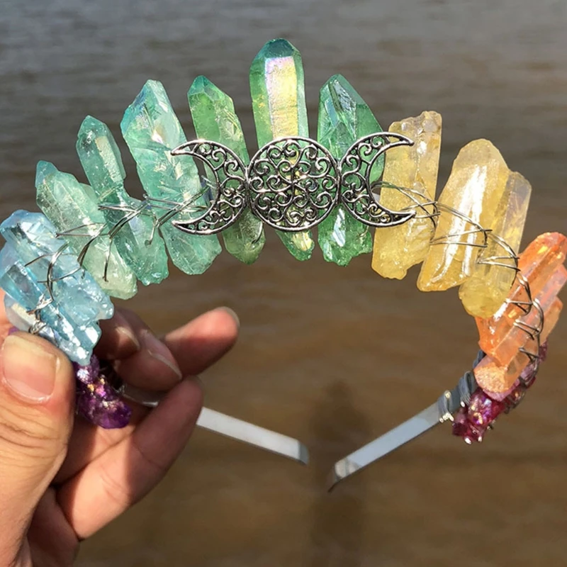 

Women Bride Rainbow Colorful Raw Quartz Crystal Crown Headband Vintage Boho Metal Moon Branches Wedding Tiara Hair Hoop
