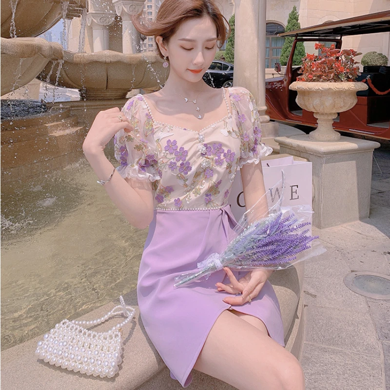 

Women Purple Dress Patchwork Embroidery Party Mini Vintage Floral Fairy Dress Irregular Split Off Shoulder Sexy Strap Dress 2021