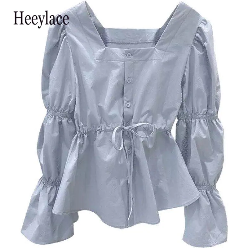 

Autumn Drawstring Blouse Women Square Collar Single Breasted Flare Sleeve Ladies Blusa Shirts Fashion Casual Female Tops