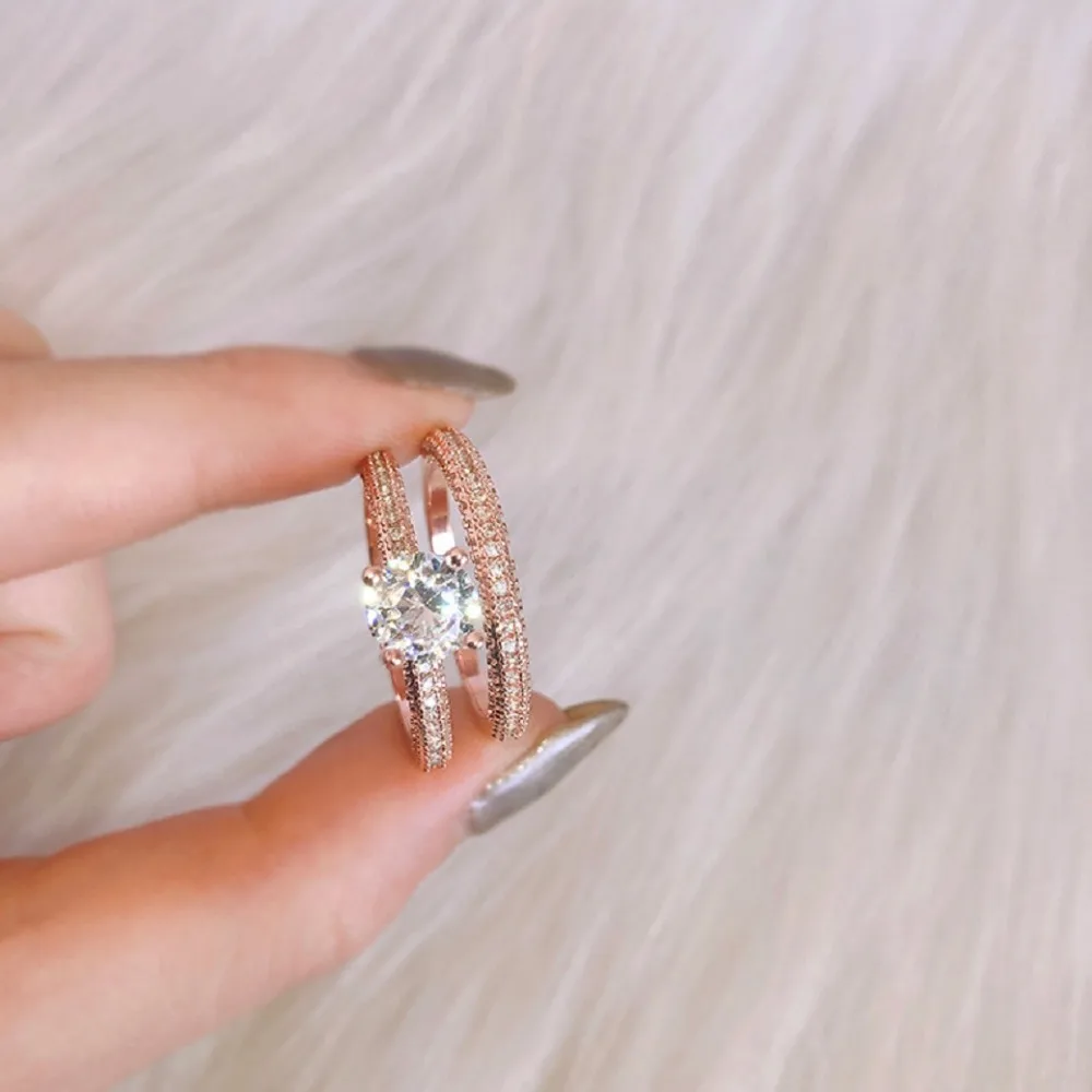 Модное высокое качество AAA кубический цирконий розовое золото двойное кольцо