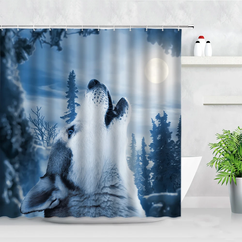 

3D Wolf Shower Curtains Forest Wild Carnivore Print Modern Waterproof Polyester Cloth Home Decor With Hooks Bathroom Curtain Set
