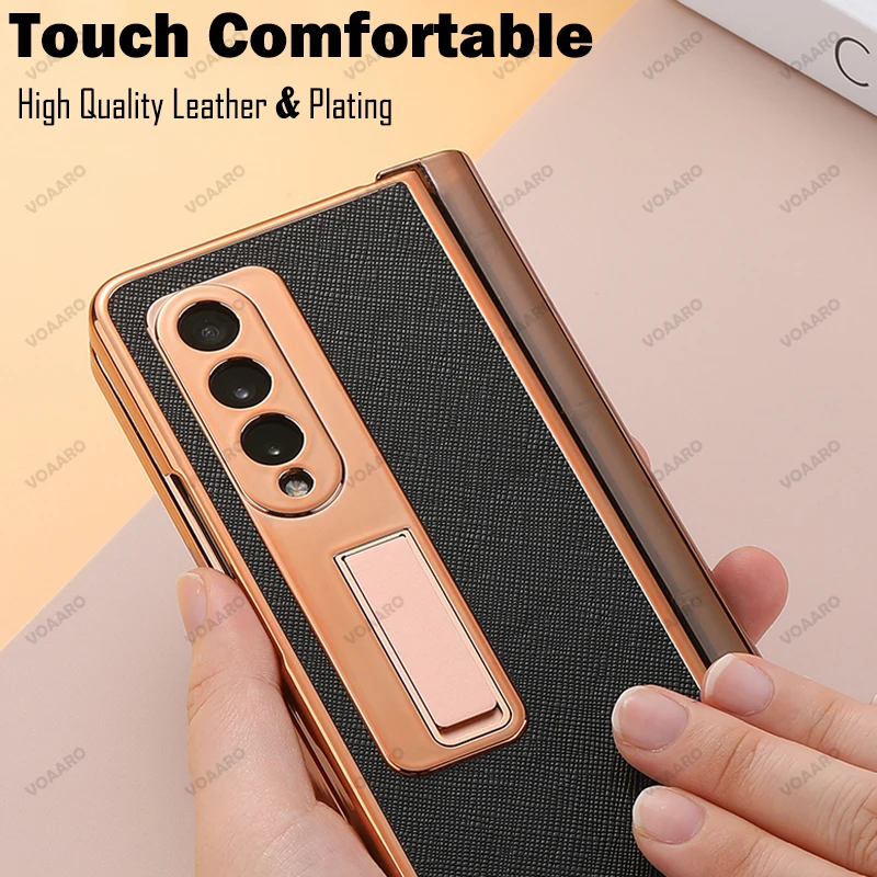 4 in 1 plating dual hinge leather case for samsung galaxy z fold 3 5g hinge case with s pen slot holder front screen glass film free global shipping