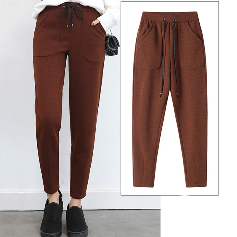 

Autumn Winter Pants Thicken High Waist Loose Casual Trousers Solid Color Harem Pants Women Ankle-Length Warm Woolen Pants