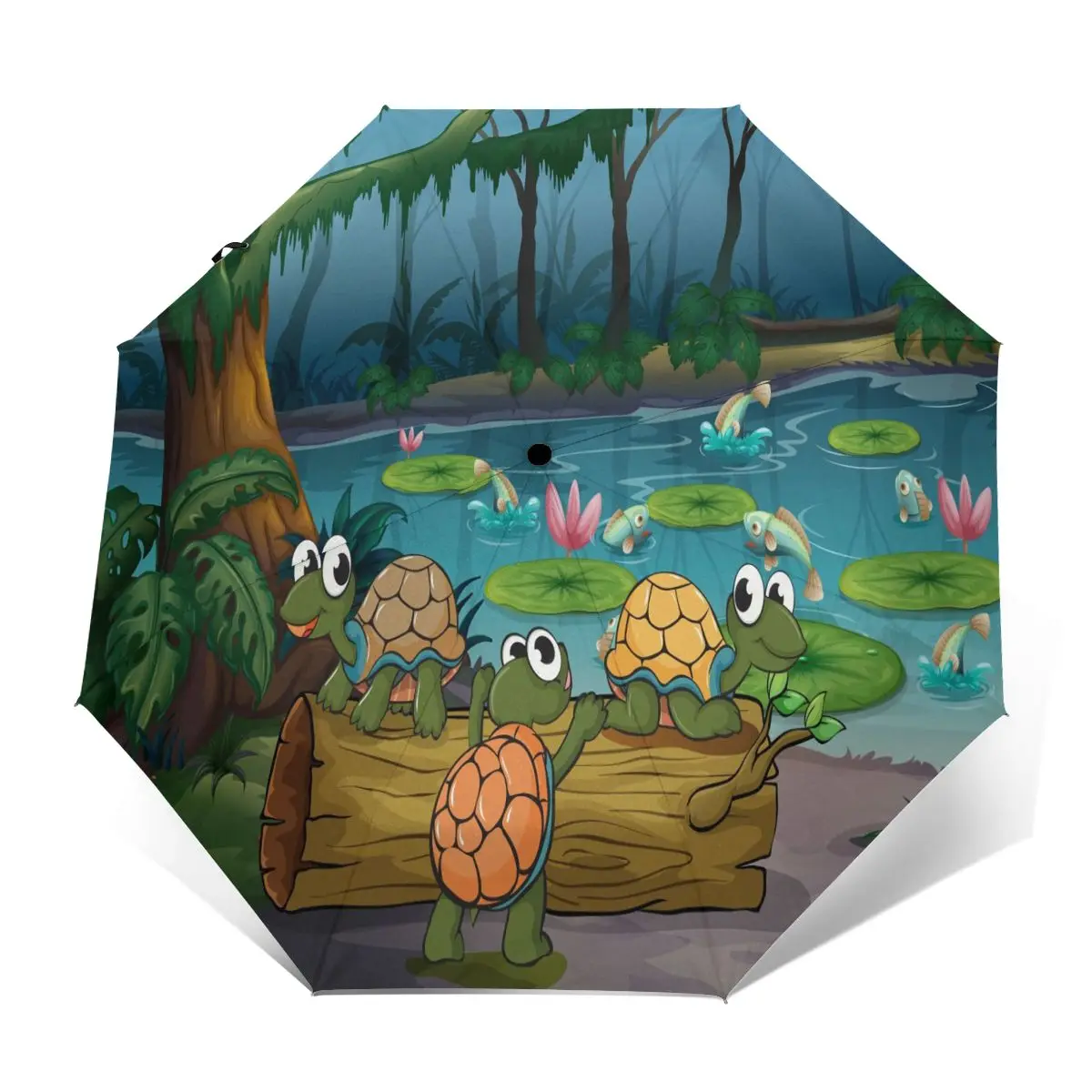 Miglior Ombrello Automatico Pioggia Donna Ombrello A Tre Pieghe Una Foresta Con Tartarughe E Pesci Nello Stagno Ombrellone Impermeabile Antivento