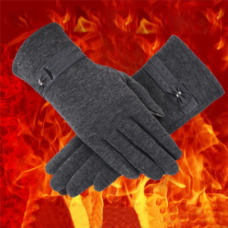 Модные зимние женские перчатки с милым бантом теплые на полный палец варежки