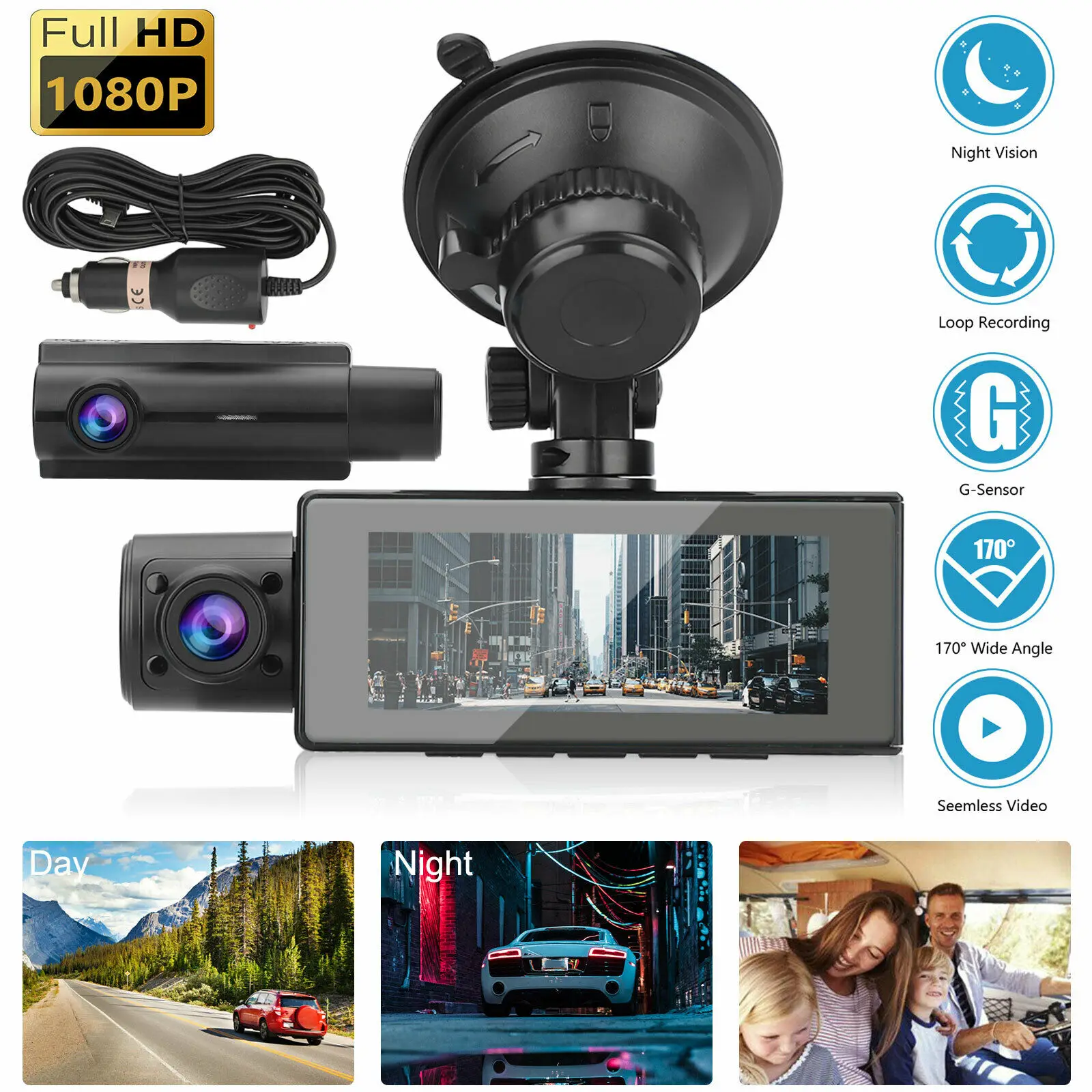 FHD Dual Lens 1080P Dash Cam Car DVR 3 Inch IPS Car Camera Front and Inside Camera Video Recorder Dashcam Night Vision G-sensor