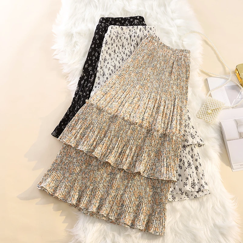 

High Fashion Women Designers Summer Elastic Waist Printed Ruffles Cake Skirts Party Casual Midi Pleated Skirt