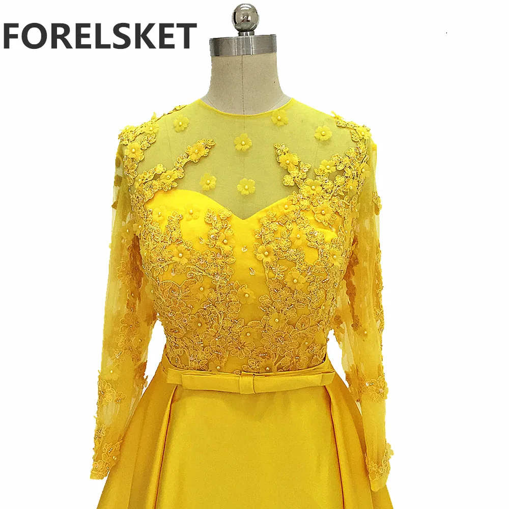 

Lace Appliques Yellow Prom Dresses Satin 2020 robe de soirée Long Sleeve Formal Evening Party Dress For Women vestidos de festa