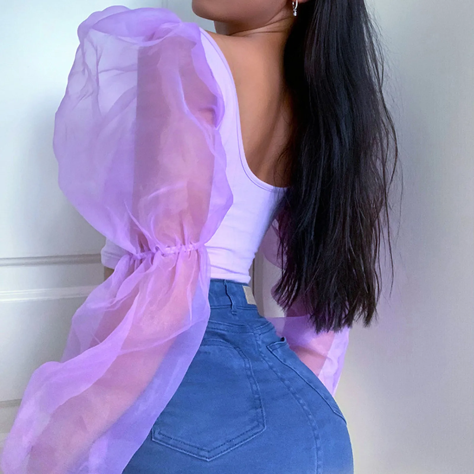 

Fashion Patchwork Mesh Blouse Sexy Puff Sleeve Crop Tops Tee Summer Casual Ladies Tops Female Women Long Sleeve Blusas Pullover
