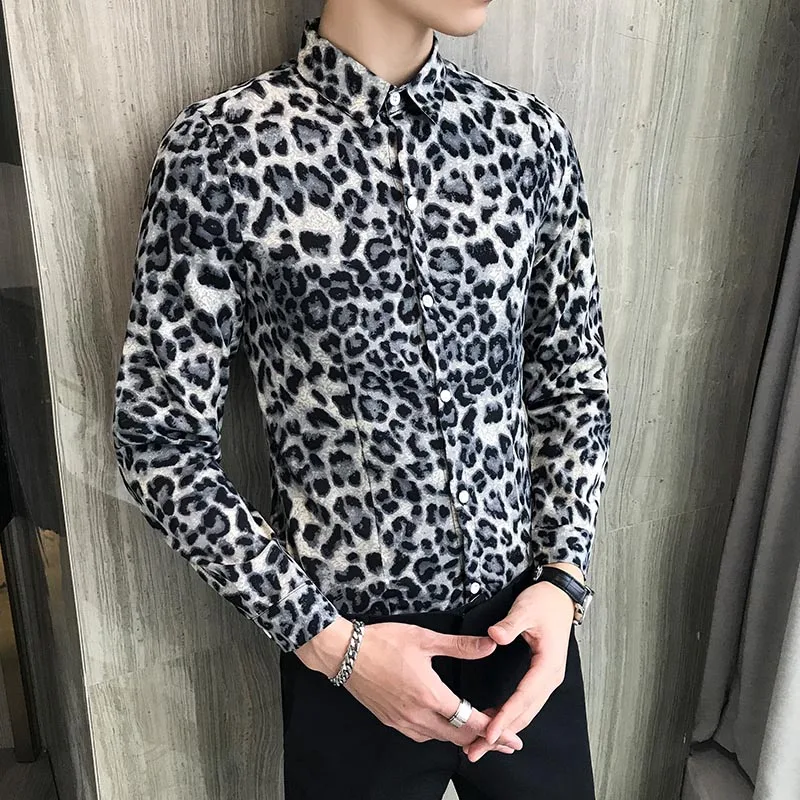 Корейская уличная мода весна осень леопардовая печатная Рубашка мужская