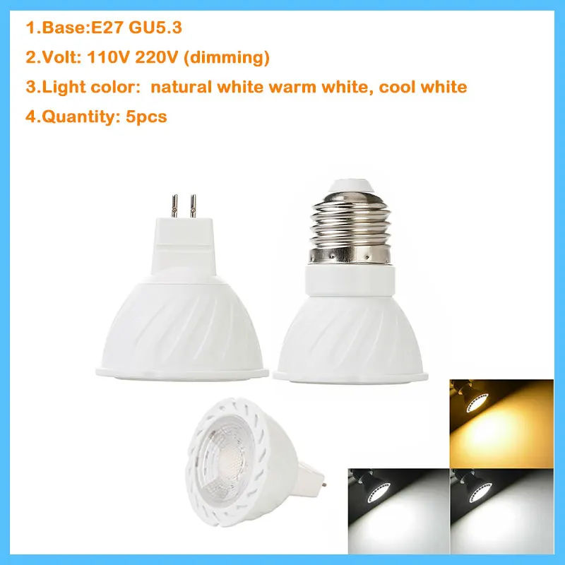 

5PCS E27 GU5.3 Dimmable LED Spotlights COB Bulb AC110V 220V Incandescent Cool White Round led Home Light Spot light Indoor Lamp