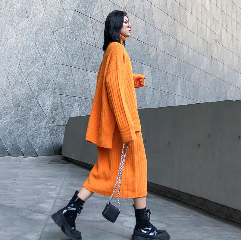 [EAM] Half-body Skirt Knittng Big Size Two Pieces Suit New Turtleneck Long Sleeve Loose Women Fashion Spring Autumn 1K341