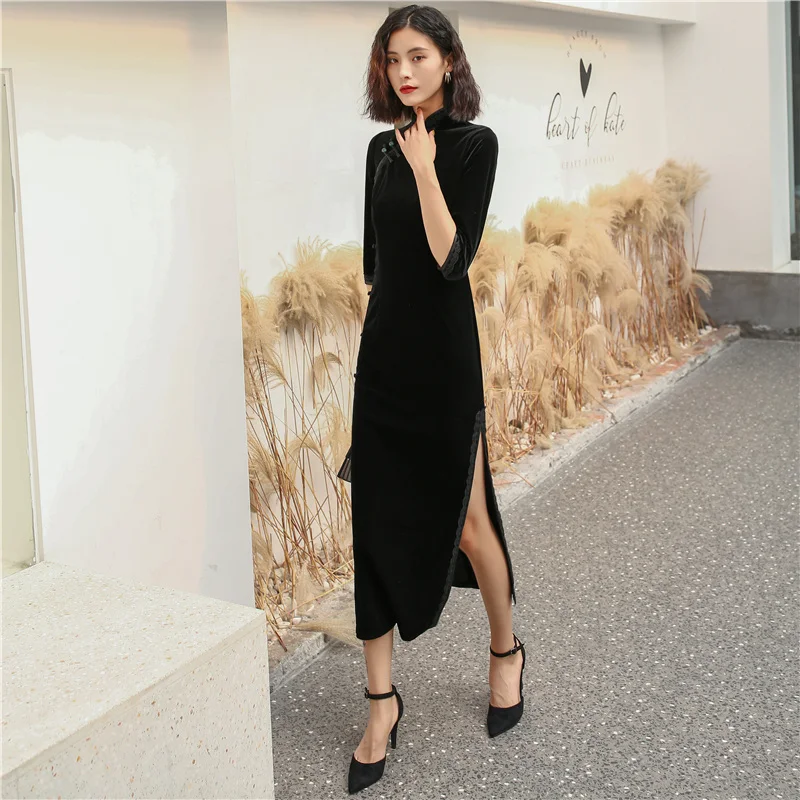 Длинный черный Чонсам из плюша для молодых девушек новинка на весну и осень