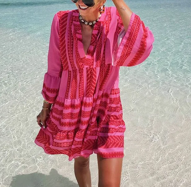 Летние полосатые платья Мини женские 2019 Boho осенние вечерние короткие пляжные повседневные свободные